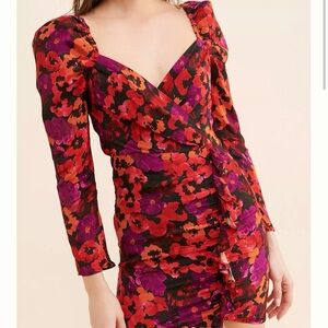 Anthropologie Red and Purple Floral Long Sleeve Dress